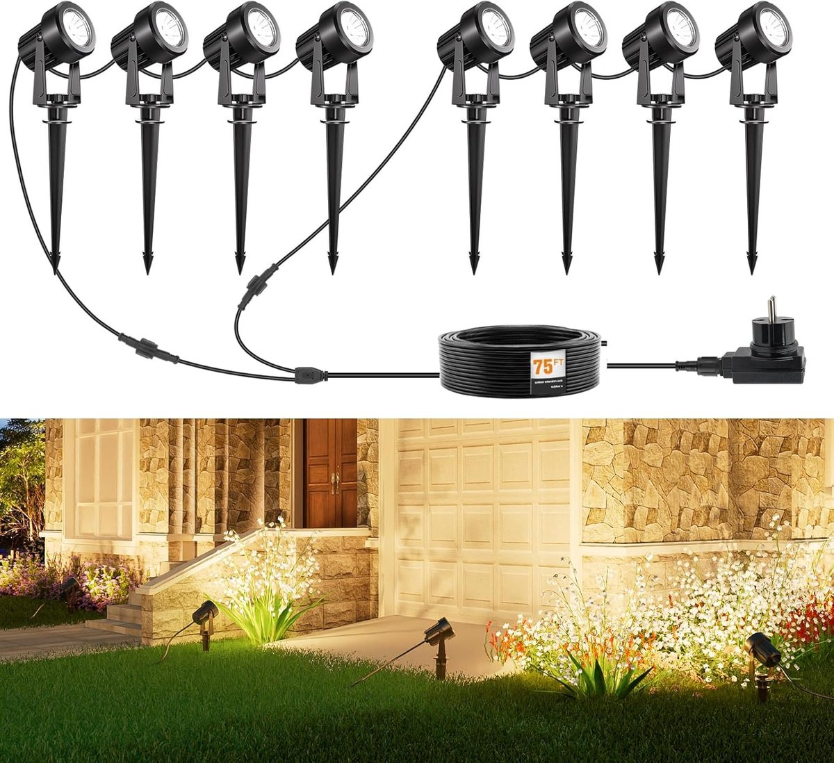 SnelShoppen - LED Tuinverlichting Set - 8 Warm Witte Buitenlampen - 32m Lengte - 12V Laag Voltage - IP67 Waterdicht - Ideaal voor Tuin, Terras, en Lan