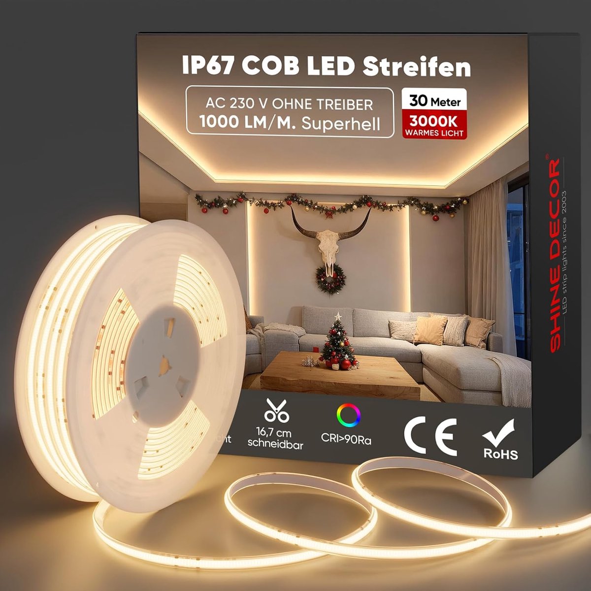 SnelShoppen - Shine Decor COB LED Strip 30 m - IP67 Waterdichte Flexibele Neon Fairy Lights - 432 LEDs/m - Ultra Helder Warm Wit 3000 K voor Keuken, T