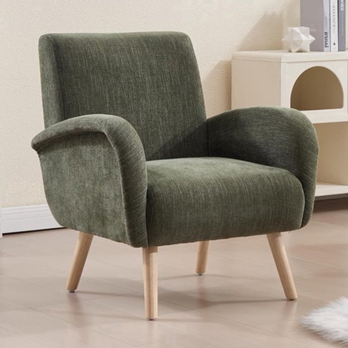 Fauteuil – Armstoel – Loungestoel – Leunstoel – Relaxstoel – Groen Chenille – 16 cm Dikke