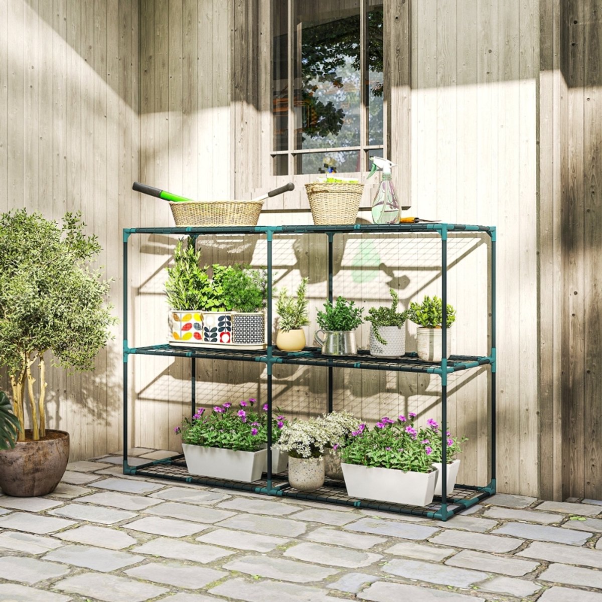 COVREO Plantenrek 143 x 48 x 100 cm - donkergroen, 3-laags, open bloemenstandaard