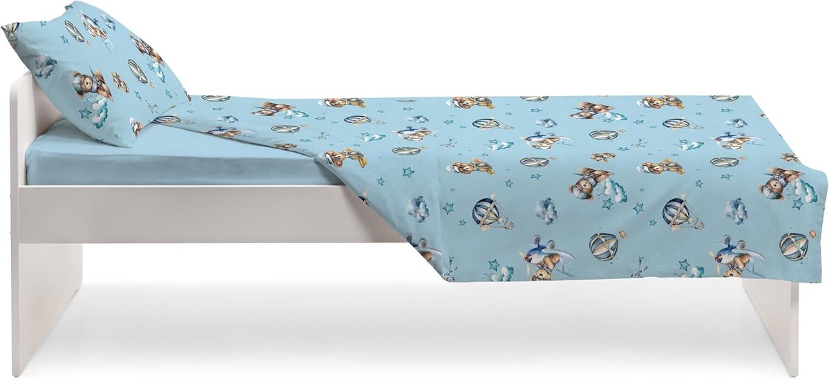 SnelShoppen - Jolly Single Bed Set voor Kinderen, Teddy Beer, Blauw, 100% Katoen, Dekbedovertrek + Hoeslaken + Kussenhoes, Perfect voor Kinderkamer