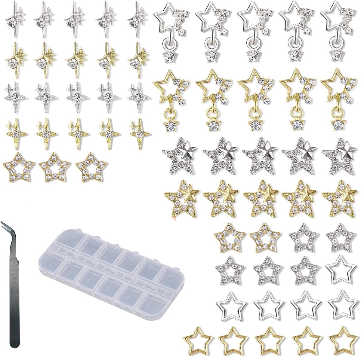 SnelShoppen - 60pcs 3D Nail Art Sterren Nail Jewelry Goud + Zilver Glitter Luxe Crystal Diamant Oorbellen voor Manicure met Tweezers en Doos