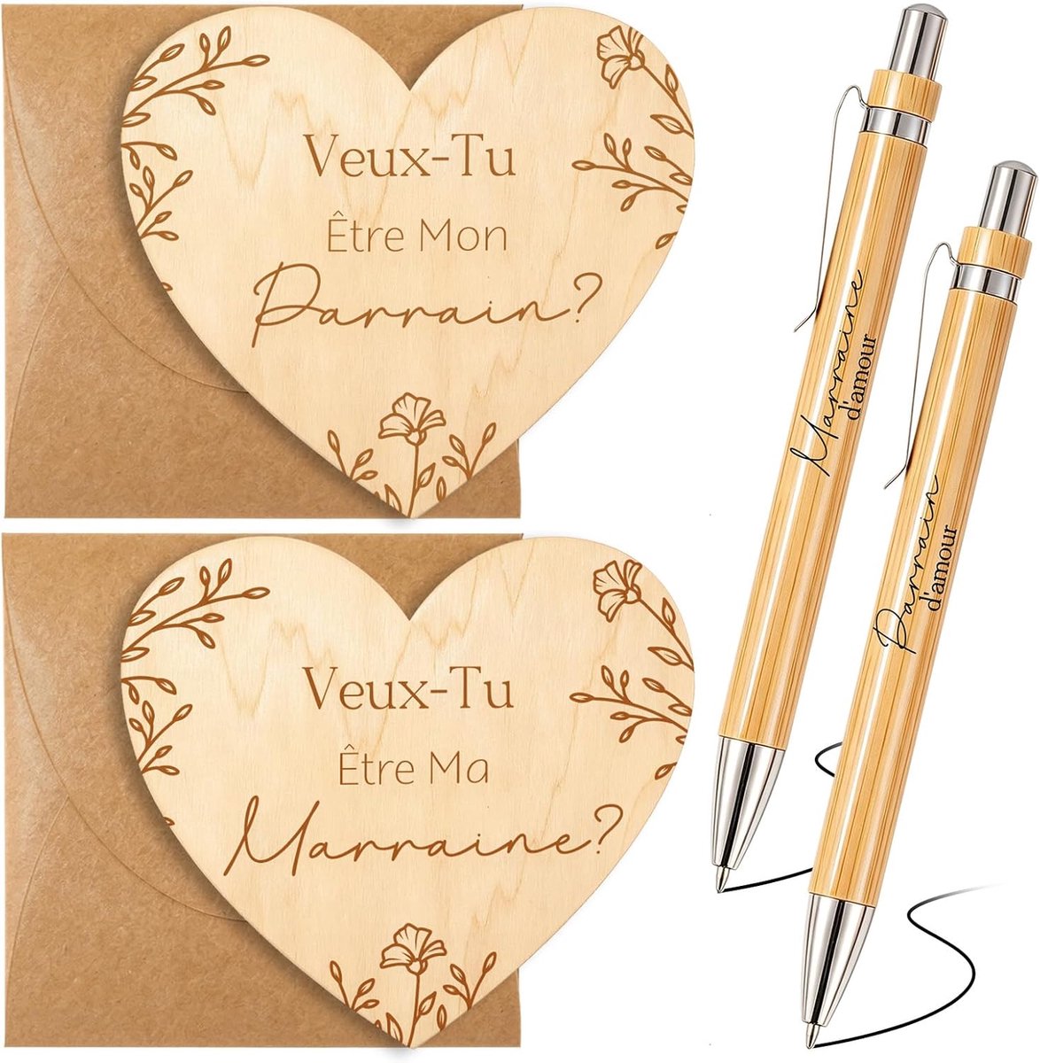 SnelShoppen - 6-Delige Set Cadeau voor Doopouders - Hartvormige Houten Kaartjes met Envelop en Balpen - Perfect voor Doop, Vormsel en Zwangerschapsaan