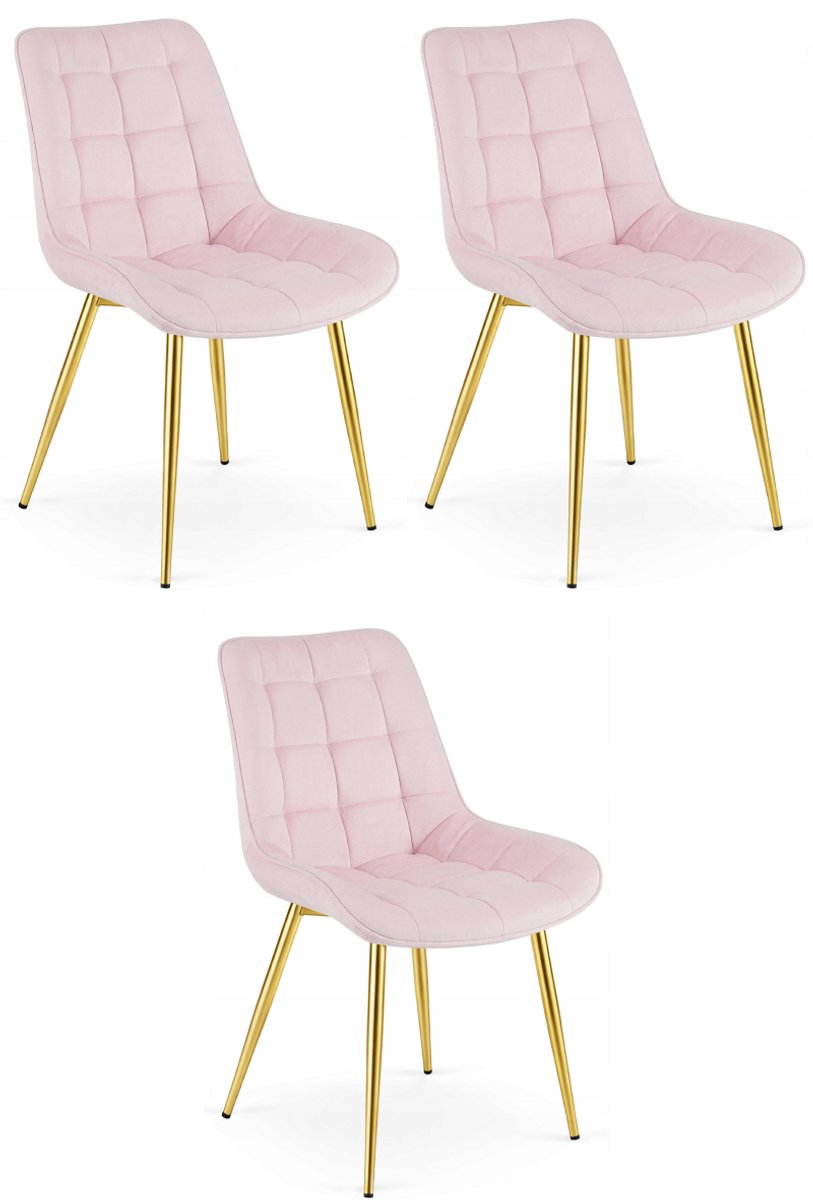 LEOBERT Set van 3 Eetkamerstoelen BERA – Lichtroze Velvet / Fluweel – Gestoffeerde Zitting – Goudkleurige Metalen Poten – Modern Scandinavisch Design – Voor Eetkamer, Keuken en Woonkamer