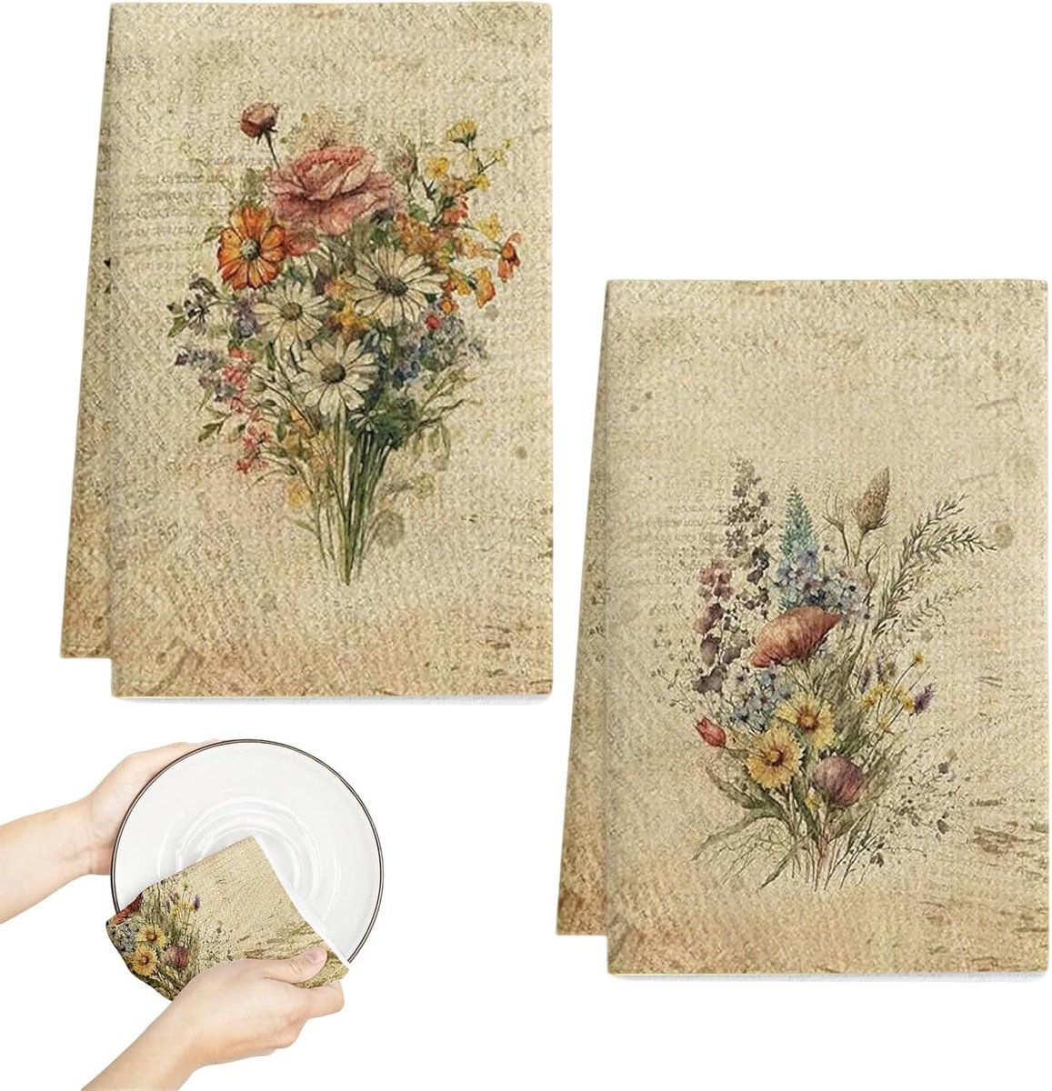 SnelShoppen - 2 Handdoeken Vintage Bloemen 45 x 66 cm Keukenhanddoeken Microfiber Herbruikbare Decoratieve Doekjes voor Badkamer en Keuken