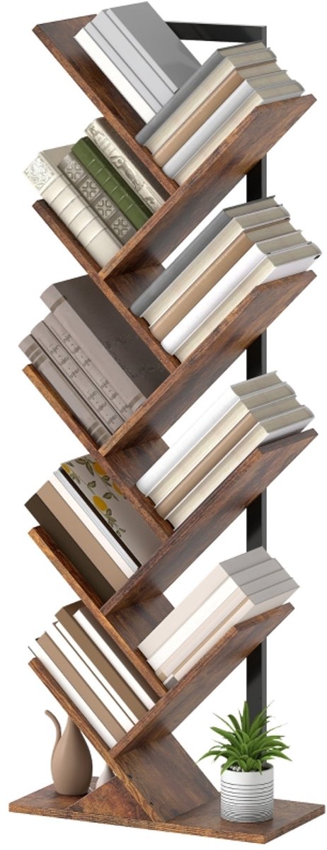 COVREO Boekenkast 50 x 24 x 136 cm – 9 open vakken, boomvorm, rustiek bruin Rustic Brown