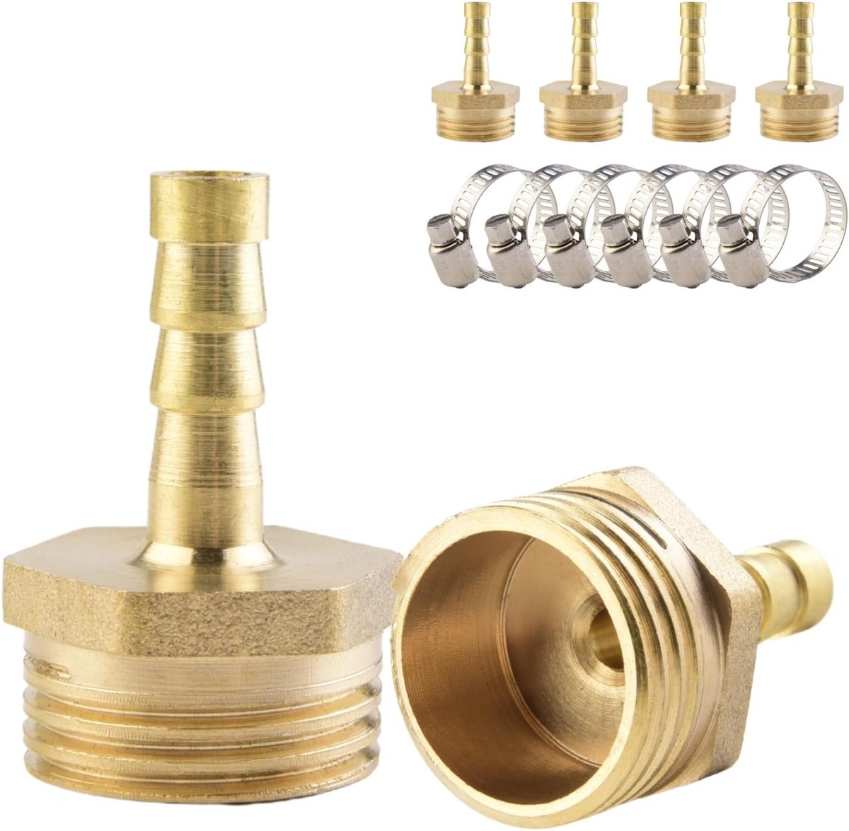 SnelShoppen - Messing Slangfittingen 6 x 6mm Verbindingen met 1/2" Mannetje, Inclusief 6 Slangklemmen voor Gas, Water en Brandstof
