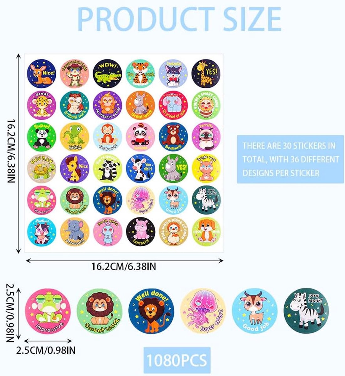 SnelShoppen - 1080 Zelfklevende Beloningsstickers voor Kinderen - 36 Schattige Dierpatronen - Motiveringsstickers 2,5 cm - Perfect voor School en Thui