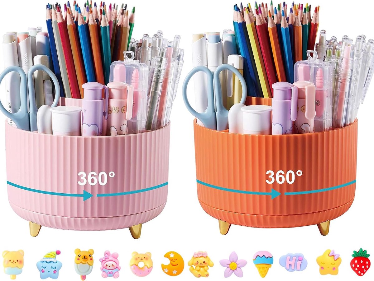 SnelShoppen - Rotating Pen Holder 360° - Pen Organizer met 5 Vakken - Desk Organizer - Robuuste Plastic Houder - Kantoor, School, Thuis - Pink & Orang