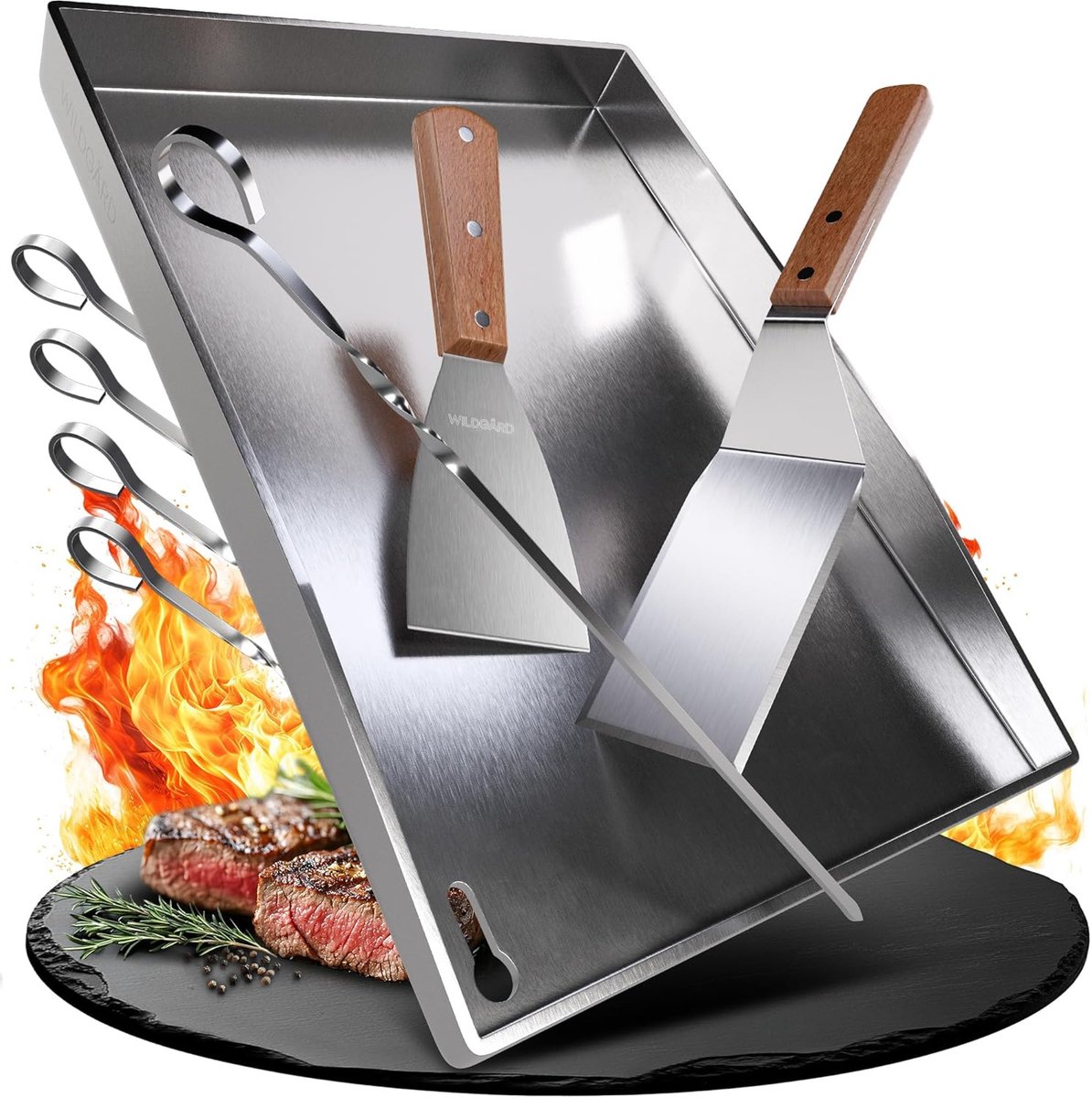SnelShoppen - Plancha Grill Plate 40x30 cm van RVS - Dikke Grillplaat voor BBQ Gas- en Houtskoolgrill + 2 Grillspatels & 5 Spiezen - Lekvrij en Makkel