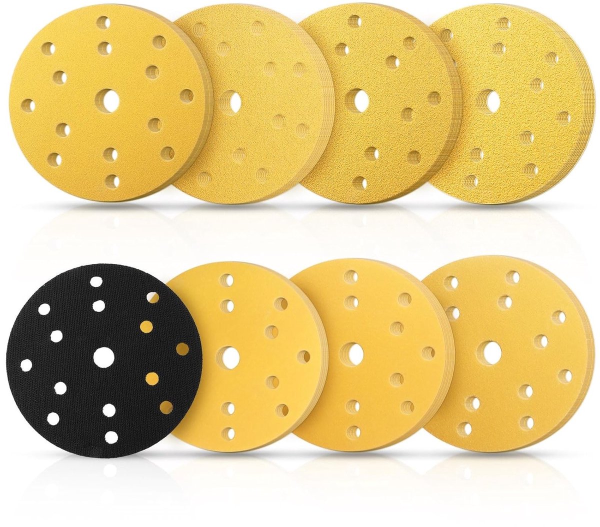 56-delige schuurdisc set 150 mm met bevestiging, korrelgroottes 40 tot 400, inclusief beschermpad en 15 gaten voor optimale afwerking