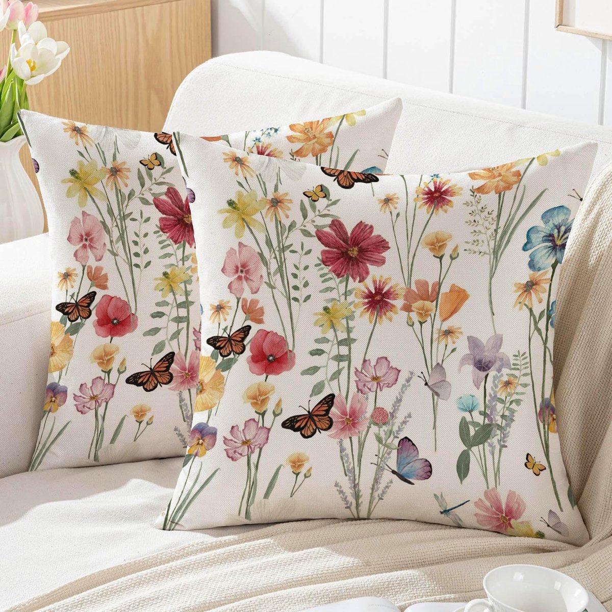 SnelShoppen - Set van 2 Decoratieve Kussenhoezen 40x40 cm met Rode Wilde Bloemen en Bladeren voor Buiten, Zachte Velours, Ideaal voor Tuin, Sofa, Bed,