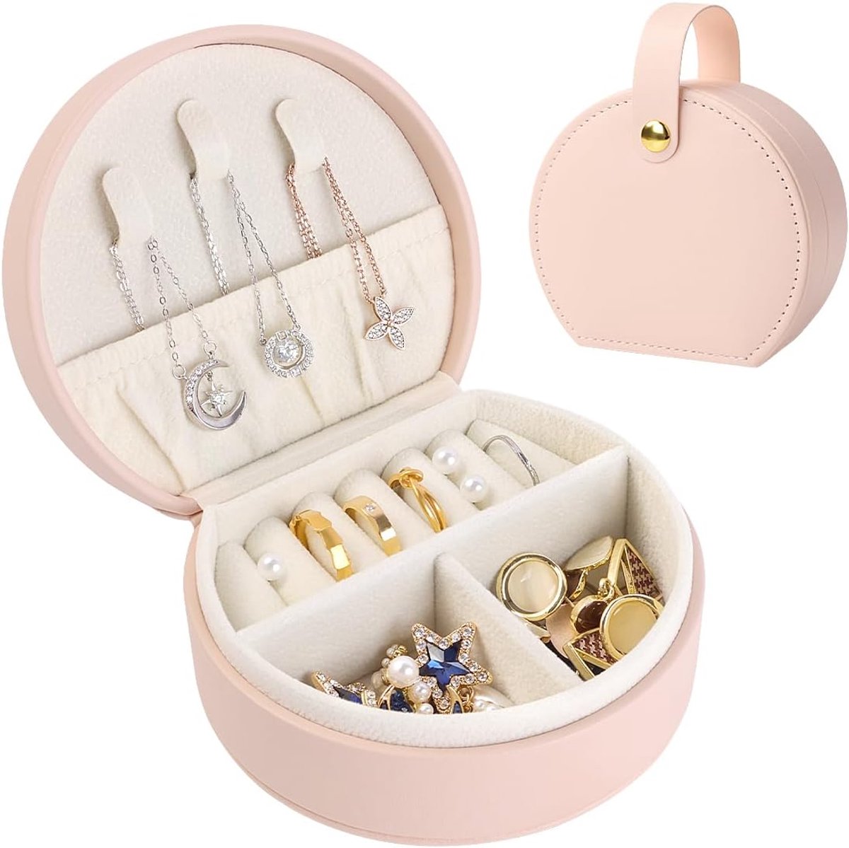 SnelShoppen - Travel Jewellery Box voor Vrouwen - Mini Organizer voor Sieraden - PU Leer Hot Pink - Geschikt voor Ringen, Oorbellen en Kettingen - Per