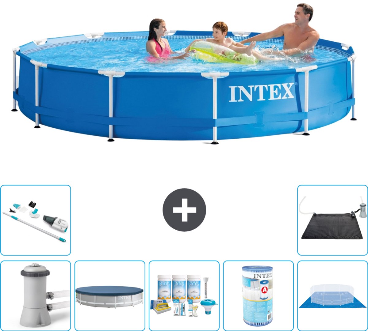 Intex Rond Frame Zwembad - 366 x 76 cm - Blauw - Inclusief Pomp - Afdekzeil - Onderhoudspakket - Filter - Grondzeil - Stofzuiger - Solar Mat - 8-delig