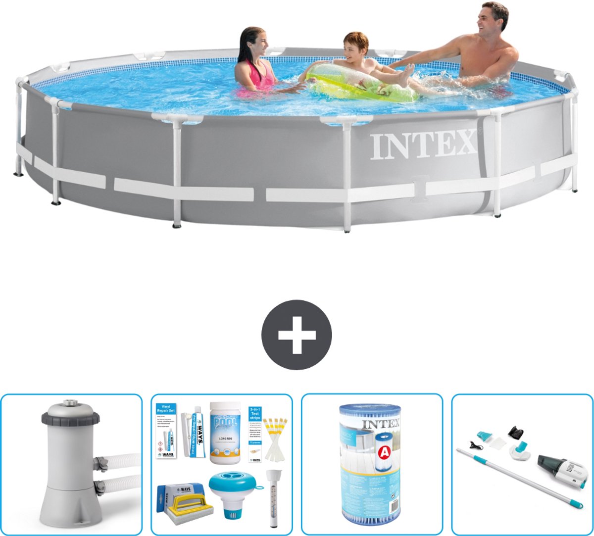 Intex Rond Prism Frame Zwembad - 366 x 76 cm - Grijs - Inclusief Pomp - Onderhoudspakket - Filter - Stofzuiger - 5-delig