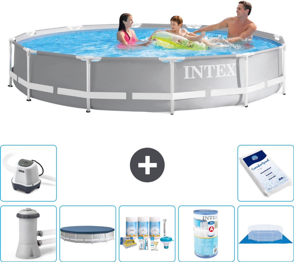 Intex Rond Prism Frame Zwembad - 366 x 76 cm - Grijs - Inclusief Pomp - Afdekzeil - Onderhoudspakket - Filter - Grondzeil - Zoutwatersysteem - Zwembadzout - 8-delig
