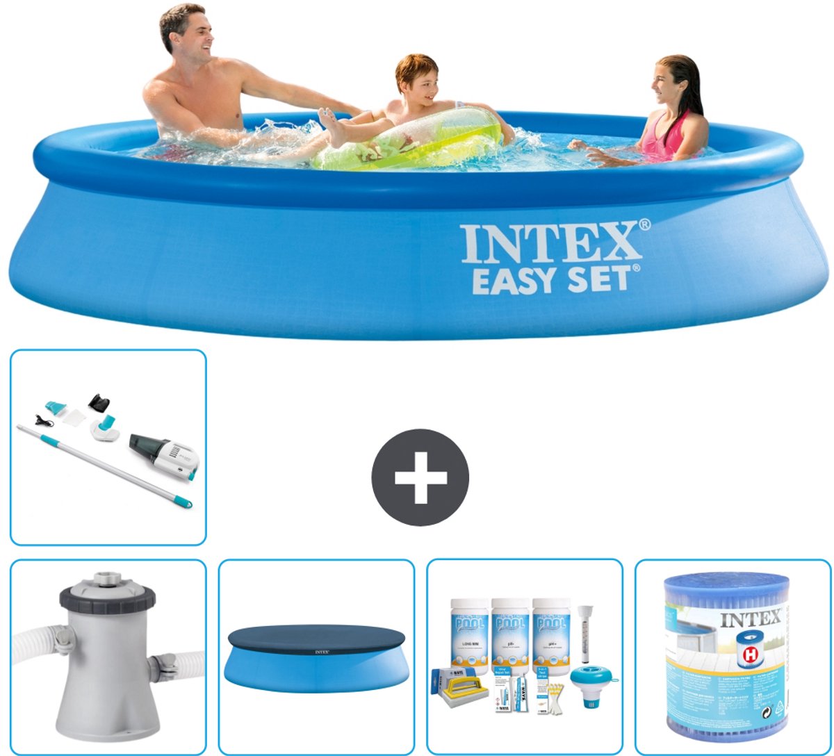 Intex Rond Opblaasbaar Easy Set Zwembad - 305 x 61 cm - Blauw - Inclusief Pomp - Afdekzeil - Onderhoudspakket - Filter - Stofzuiger - 6-delig