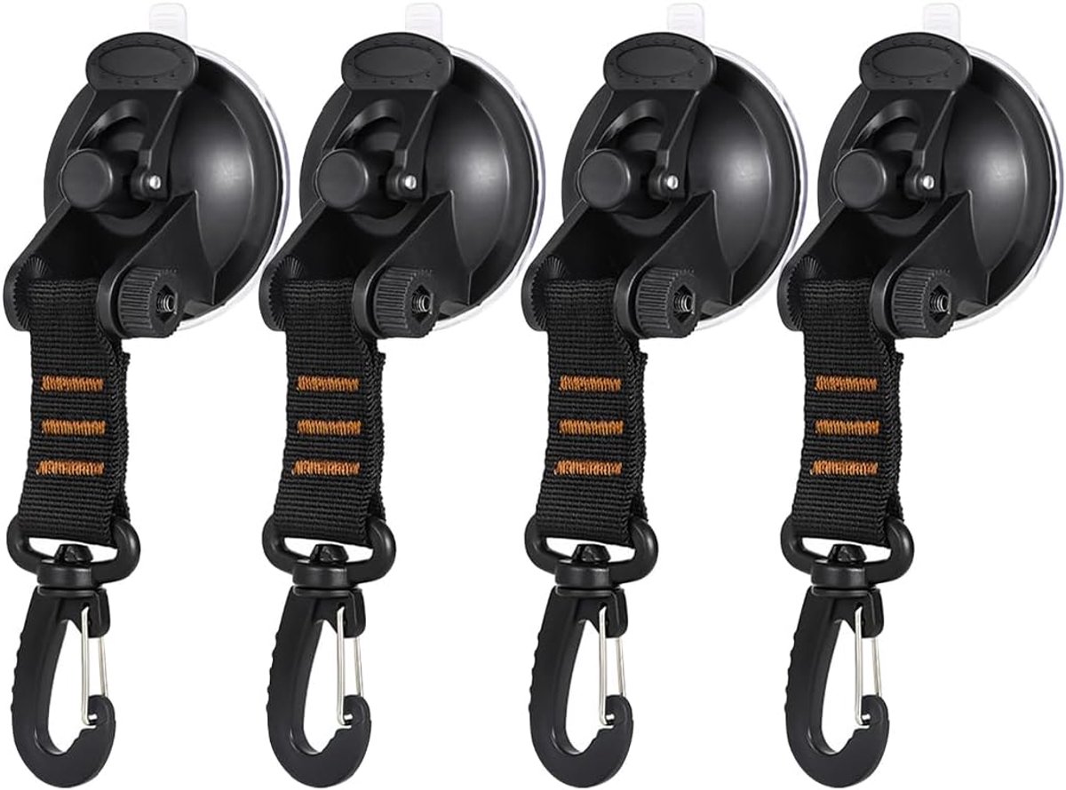 SnelShoppen - Set van 4 Zuignap Haken voor Auto en Camping - Sterke Suction Cups met Fixeerklemmen - Duurzaam ABS en Nylon - Oranje - Ideaal voor Tent