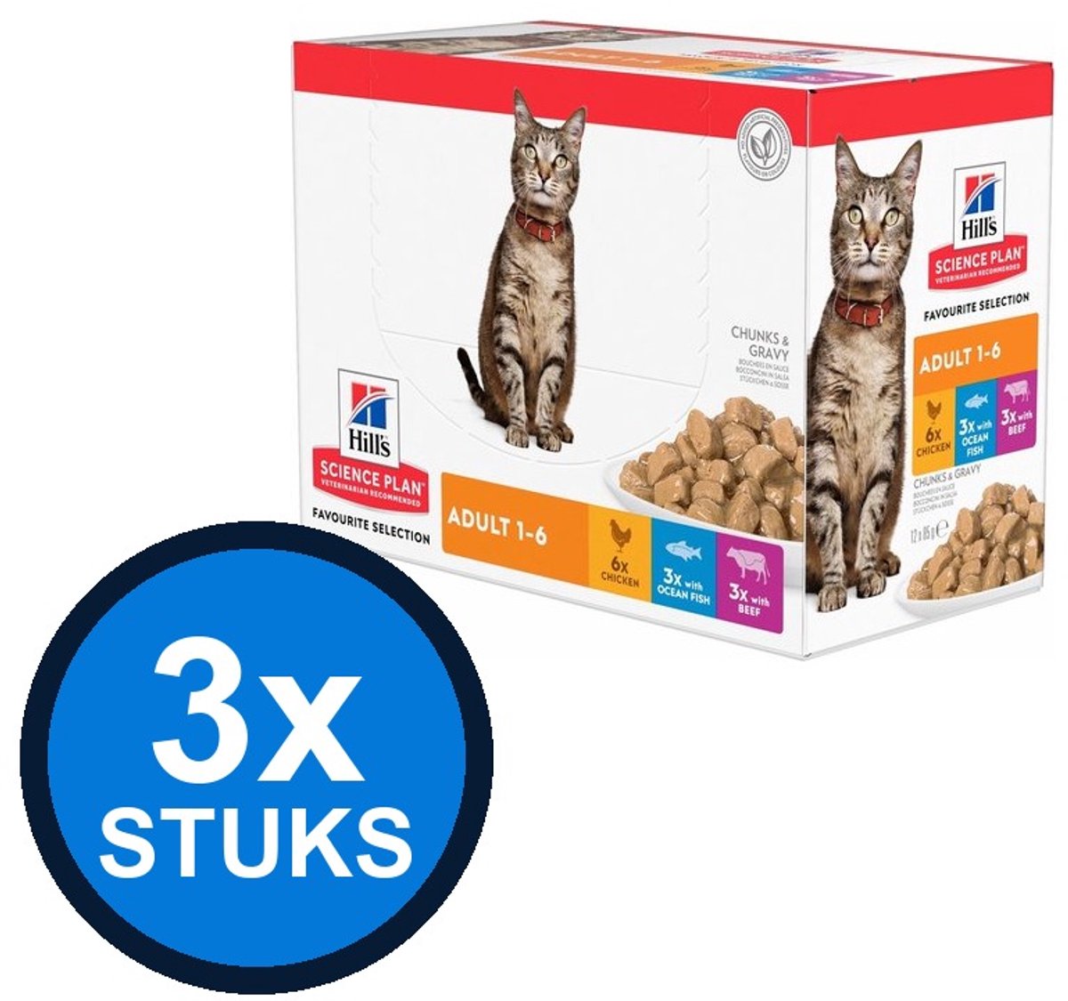 3x Hill's - Science Plan cat adult fav sel mp 12x85gr - Kattenvoer - 1.02 kg