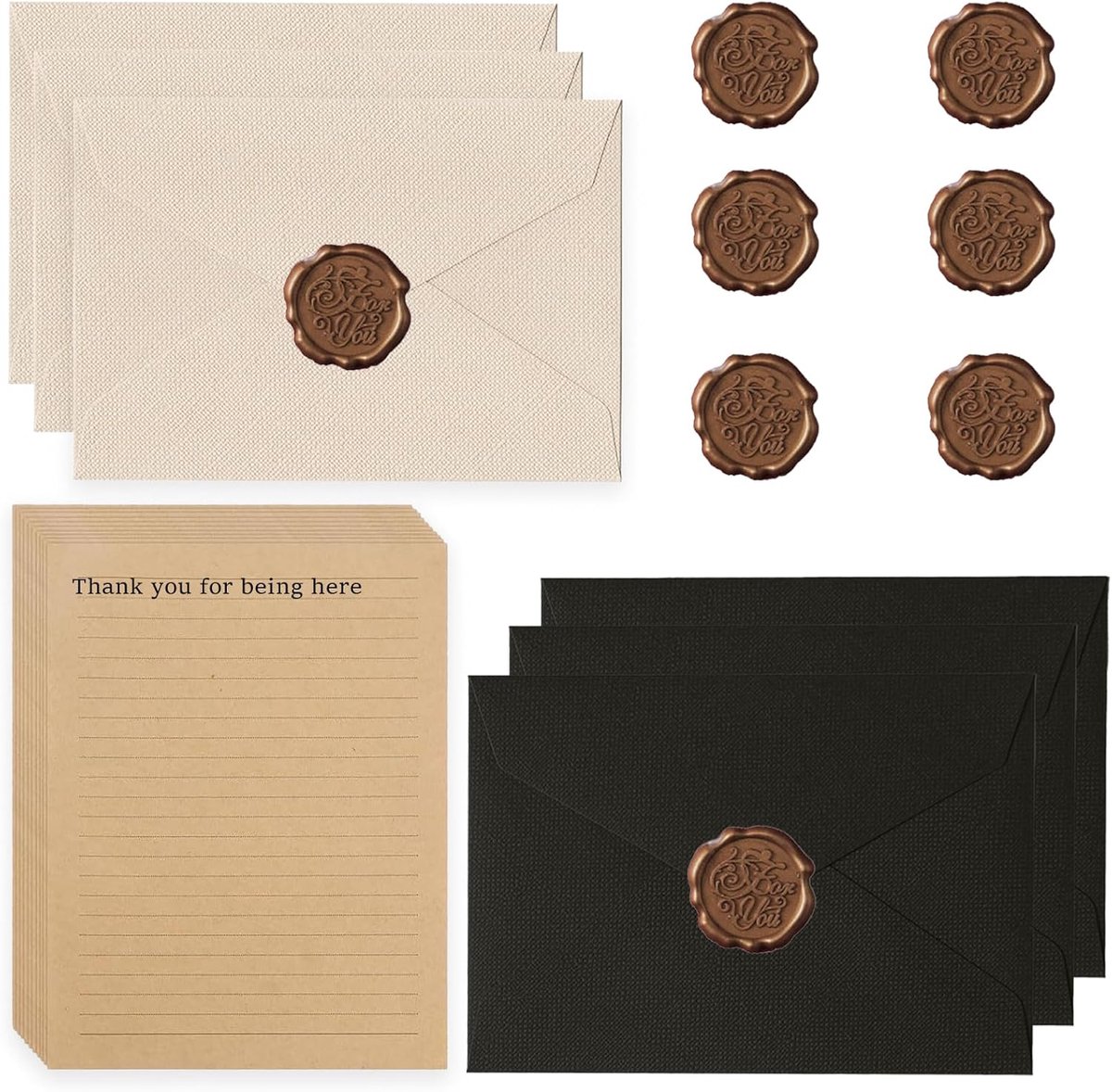 SnelShoppen - Vintage Briefpapier Set met Enveloppen, 22-delig, Kraft Papier, 6 Wax Seals, Elegante Bruiloft & Verjaardag, Zwart en Bourgondisch