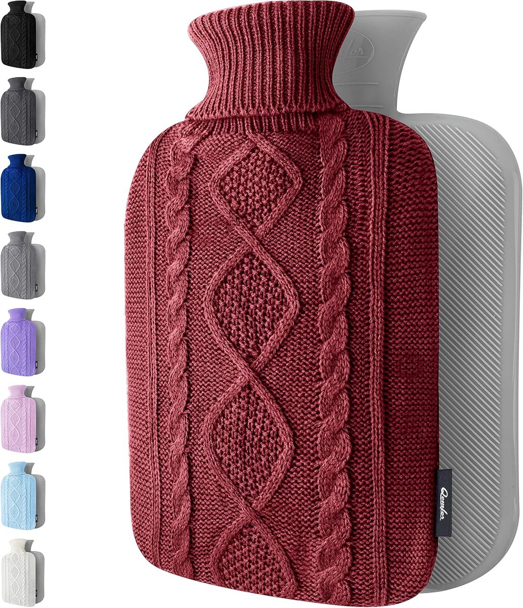 SnelShoppen - Warmwaterkruik met Zachte Gebreide Cover - Bordeaux, 2 Liter - Pijnverlichting bij Menstruatie en Spierpijn - Warm en Koud Kompres