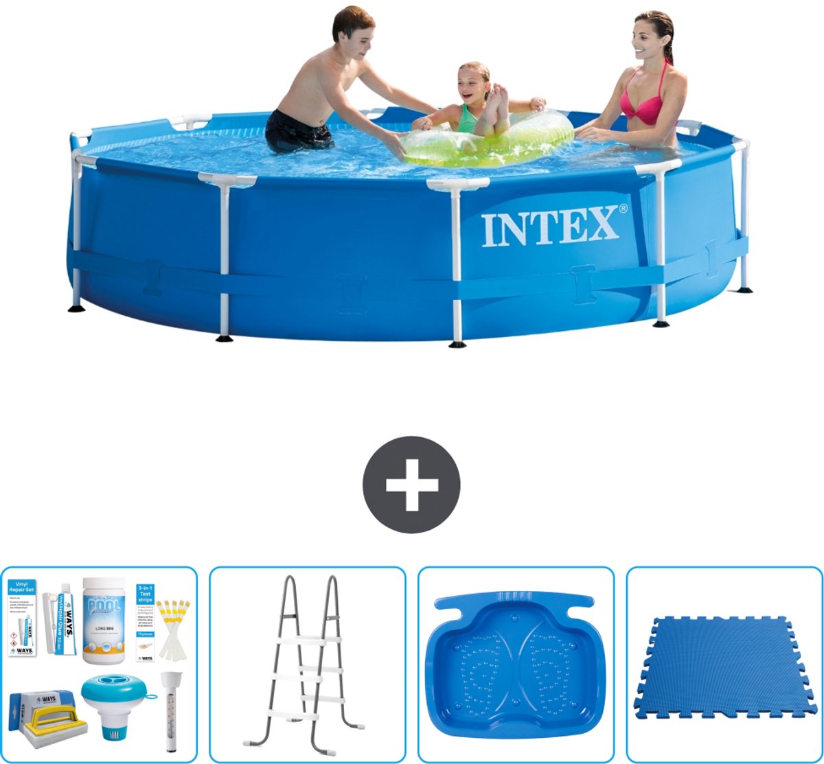 Intex Rond Frame Zwembad - 305 x 76 cm - Blauw - Inclusief Onderhoudspakket - Ladder - Voetenbad - Vloertegels - 5-delig