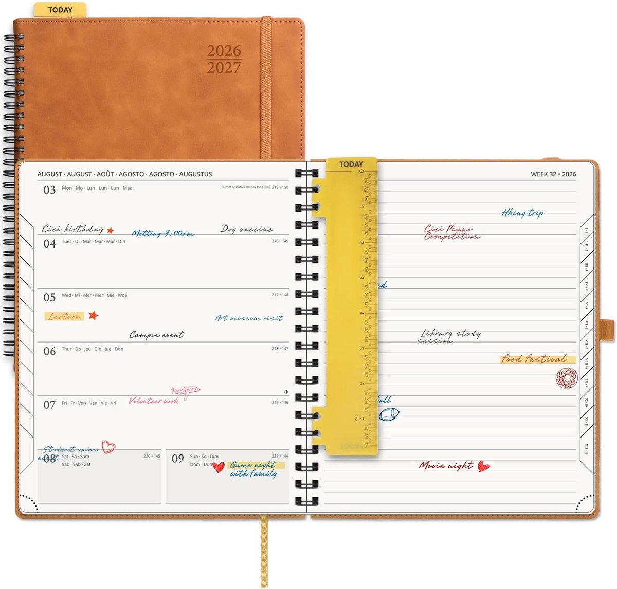 SnelShoppen - POPRUN Agenda 2026 2027 Planner met Notitieboek - 17 Maanden - Soft Spiral Cover - 26.5 x 21.5 cm - Bruin PU Leer - 80 GSM Papier - Perf