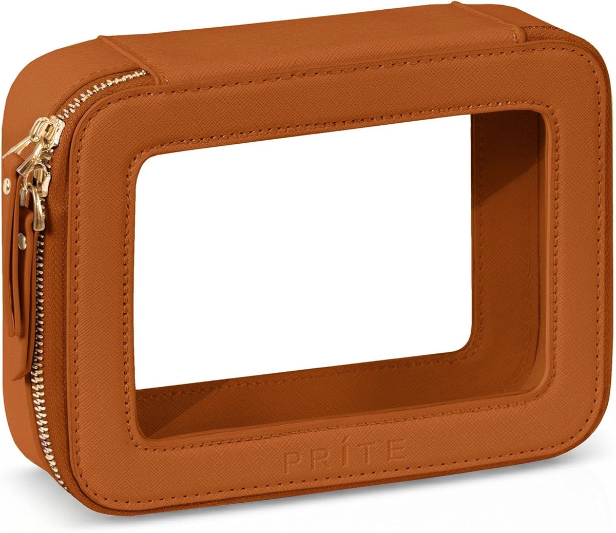 SnelShoppen - Prite Makeup Bag Dames Reistas Waterdichte Toilettas Auto Organiser Goud Dubbel Rits Transparant Bruin Standaard Modern - 21x15x5 cm