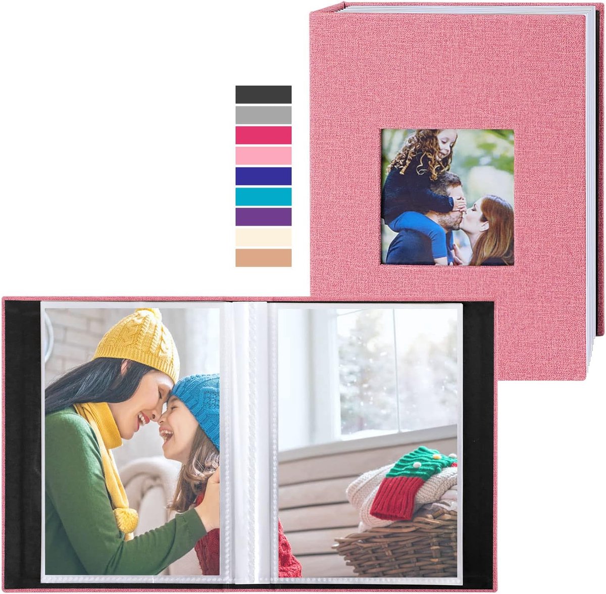SnelShoppen - Mini Foto Album 10x15 cm - Set van 2 Kleine Fotoalbums voor Verticale Foto's - 100 Compartimenten - Linnen Hoes - Roze - Perfect voor Fe