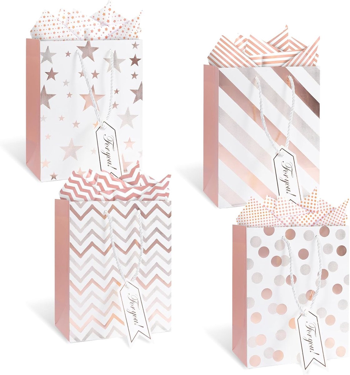 SnelShoppen - 4 Stuks Cadeauzakken met Handvat, Roze Gouden Cadeauzakken met Strik, 23x18x10cm, Unieke Patronen voor Verjaardag, Bruiloft, Feest, Cade