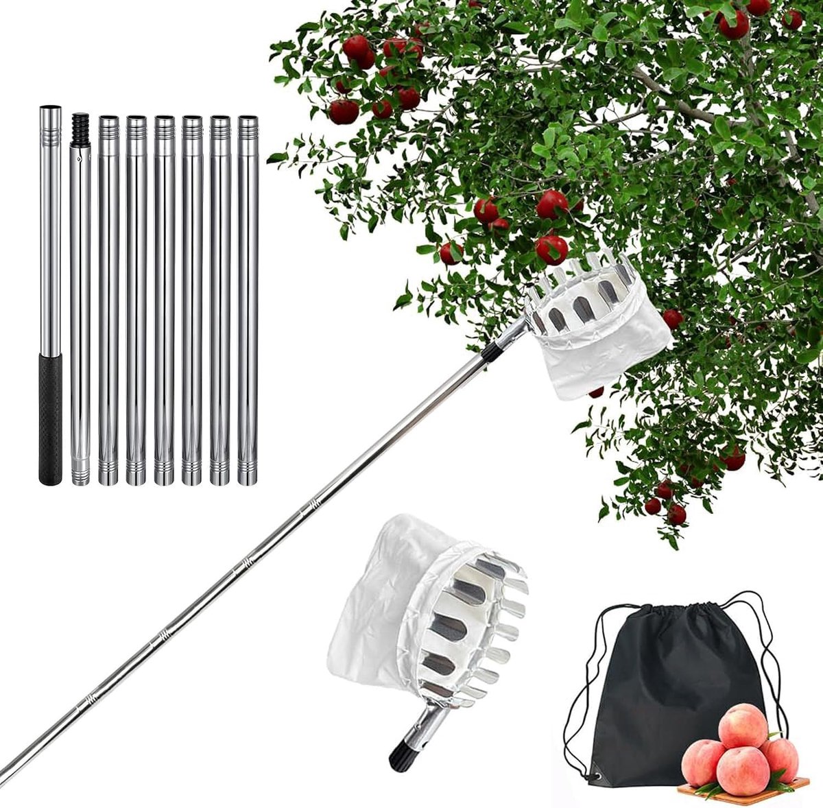 SnelShoppen - 3.2m Fruit Picker, Telescopische Appel- en Kersenplukker, RVS Fruitplukker, Verlengbare Steel voor Makkelijk Plukken van Fruit in Tuin