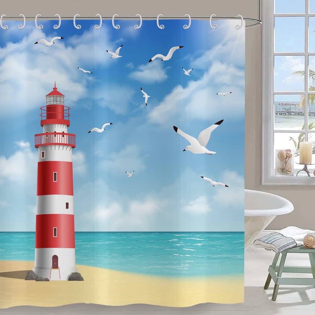 SnelShoppen - Douchegordijn 180 x 200 cm, Oceaan Strand Meeuw Blauw Lucht Witte Wolken, Waterdicht Polyester Badkamer Gordijnen met Haakjes, Wasbaar e