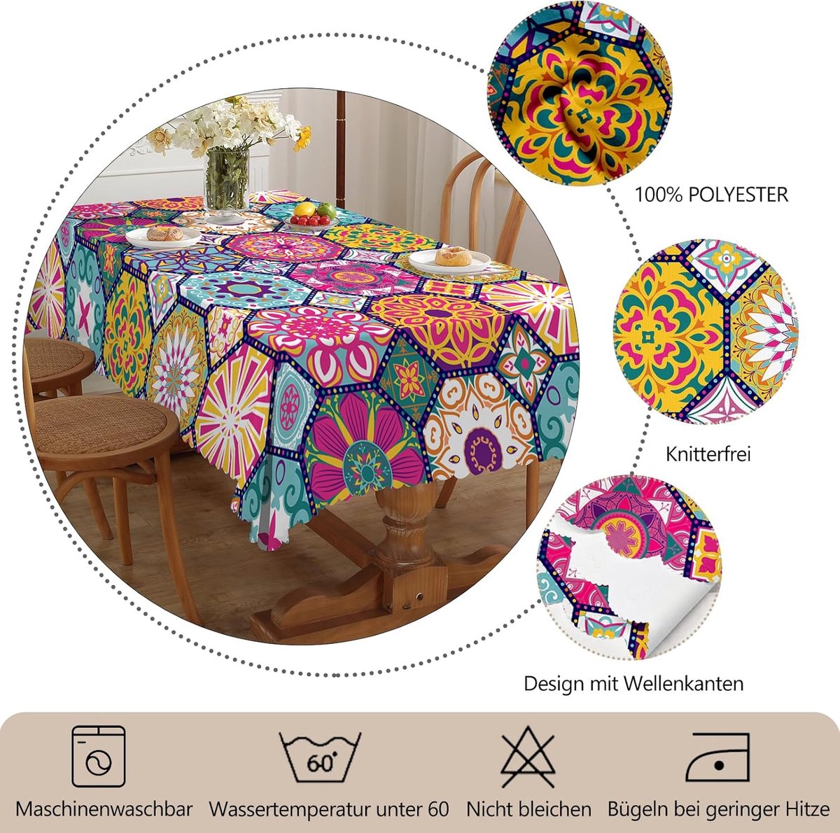 SnelShoppen - Wasbare Marokkaanse Mandala Tafelkleed 110x140 cm, Rectangulaire Tuin Tafelkleed, Weerbestendig, Waterdicht Polyester voor Buiten, Feest