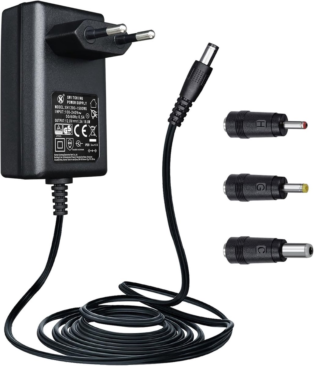SnelShoppen - Power Adapter 12V 1.5A, AC 100-240V, 1.8m Kabel, 3 Verwisselbare Stekkers, CE-gecertificeerd, Ideaal voor Thuis, Kantoor en Reizen