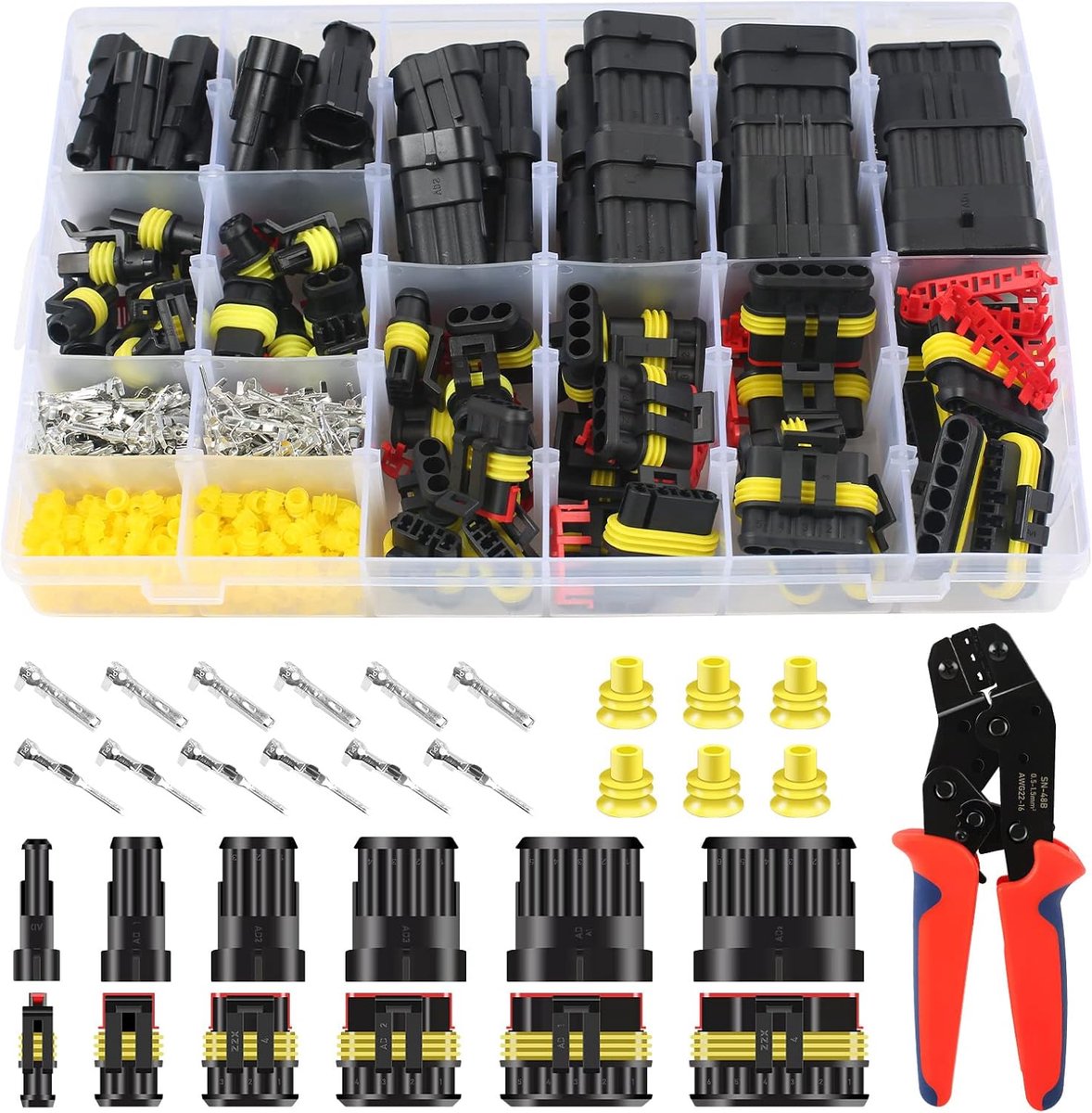 SnelShoppen - 708-delige Waterdichte Auto Kabel Connectors Set, 1/2/3/4/5/6 Pin Stekkers, Snelle Koppeling + 1 Crimp Tang voor Auto's, Motorfietsen en