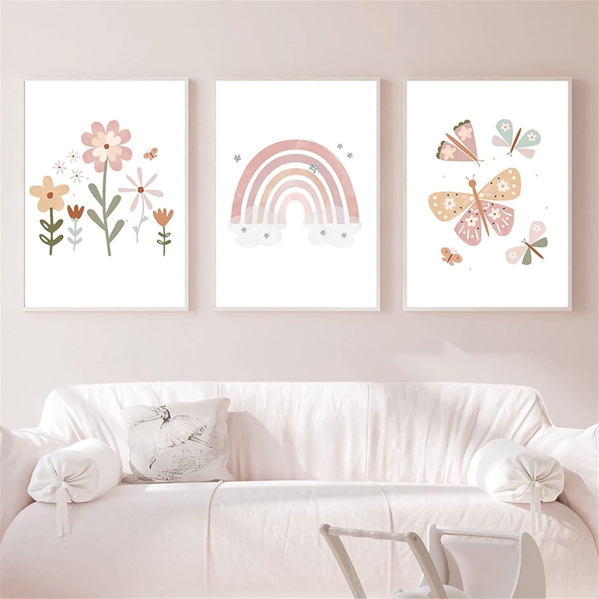 SnelShoppen - Set van 3 Wanddecoraties voor Kinderkamer en Babykamer - Regenboog, Zon, Wolk, Bloemen en Vlinders - Hoogwaardige Canvas Posters DIN A4