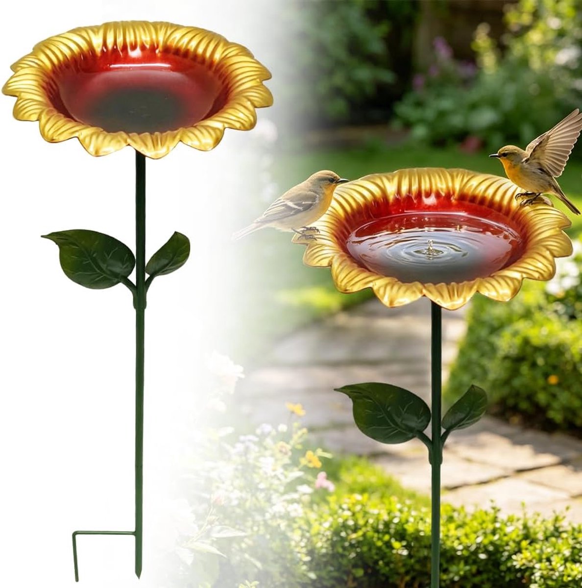 SnelShoppen - Vogelbad Bloem van Metaal, Zonnebloem Vogelbad voor Tuin, Staand Vogelvoederdispenser, Waterbad voor Wilde Vogels, Elegante Tuinaccessoi