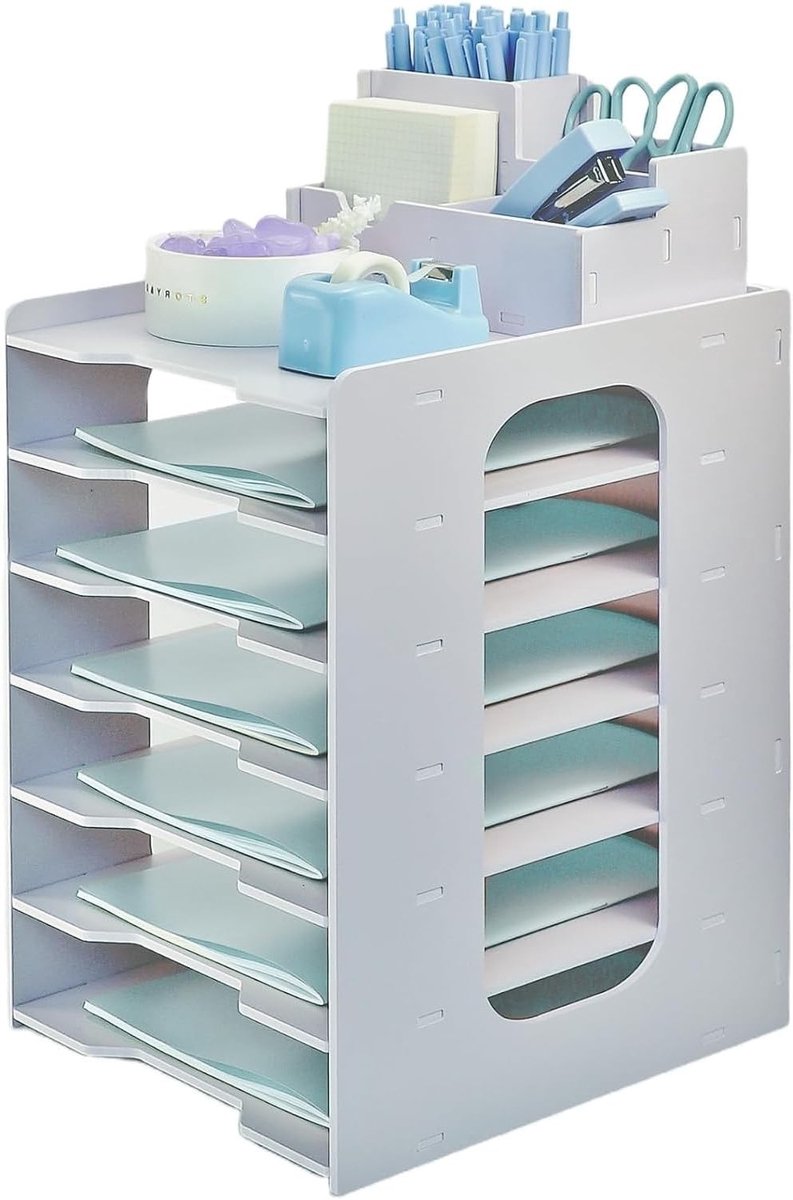 Houten Documenthouder met 7 Niveaus, Desk Organizer voor Kantoor, Archiefbak voor Papieren en Mappen, Pennenhouder en Bureau Organizer A4, Ideaal voor Thuiswerkplek