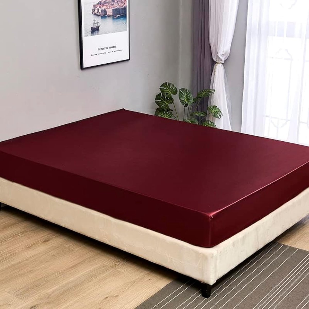 SnelShoppen - Luxe Hypoallergene Zijde Satijnen Fitted Sheet King 12 inch - Bordeau Rood - Perfect voor Huidverzorging en Haargezondheid