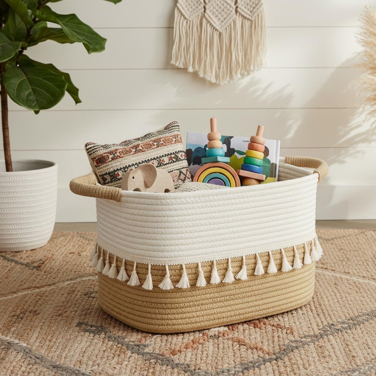 Jute Opbergmand voor Badkamer en Woonkamer, Kleine Organizer Mand, Witte en Khaki Katoenen Baskets voor Planken en Decoratie
