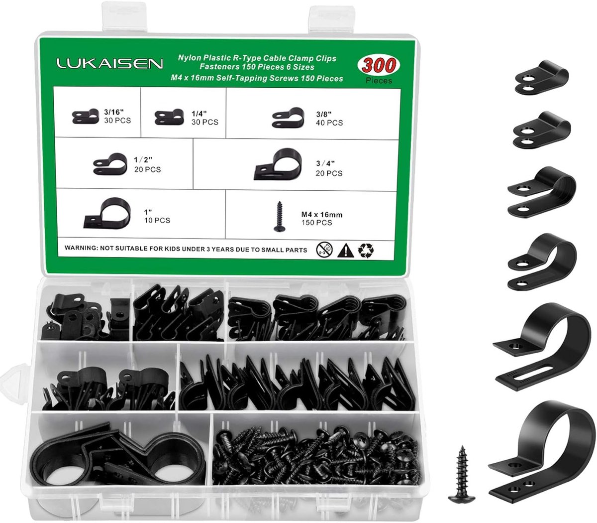 SnelShoppen - 300pcs Nylon R-Type Kabelclips, Plastic Kabelbevestigingen 4.7mm/6.3mm/9.5mm/12.7mm/19mm/25.4mm, Zwarte Kabelgeleiders voor Thuis en Kan