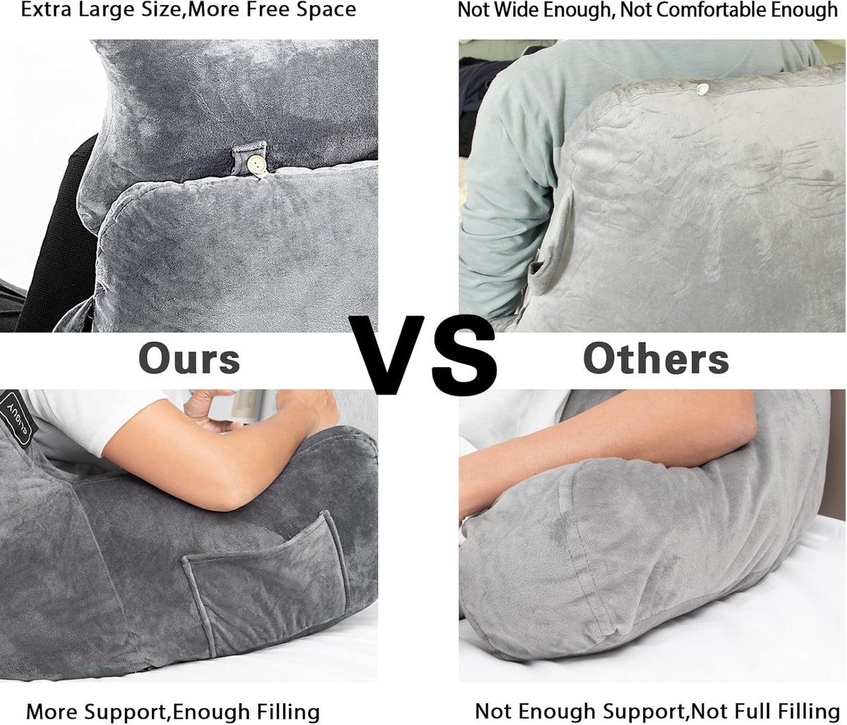 SnelShoppen - Perfecte LeesKussen voor Bed - Rugsteun met Armleuningen en Opbergvakken - Lichtgrijs - Ideaal voor Lezen, TV Kijken en Gamen