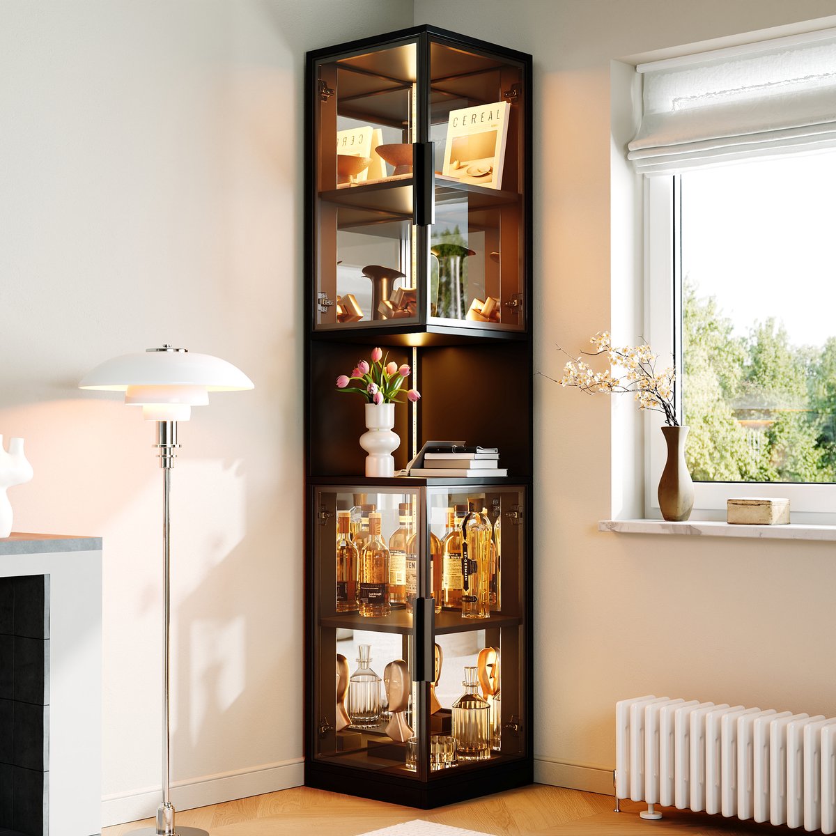 HAUSS SPOLE Vitrinekast - Dubbele Glazen Deuren Met Ledverlichting - Voor Woonkamer En Eethoek - Spaanplaat En Glas - 42x44x205 Cm - Zwart
