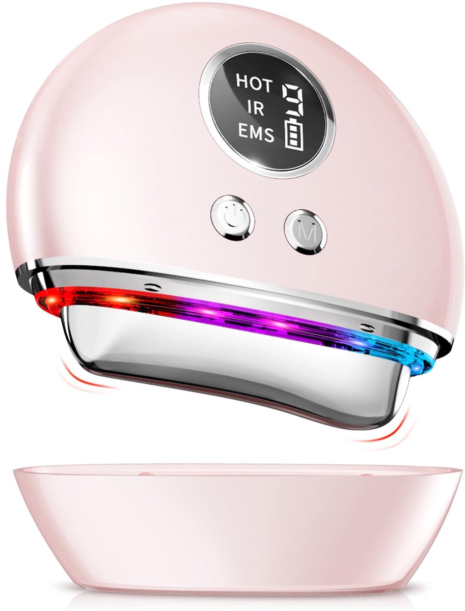 Elektrische gezichtsmassager - EMS Gua Sha - Met vibratie- en verwarmingsfunctie - Gezichtsvormend apparaat - Uitgerust met meerkleurige LED-lampjes - Anti-rimpel en anti-veroudering - Liftend en verstevigend - Cadeau - Moederdag - Roze