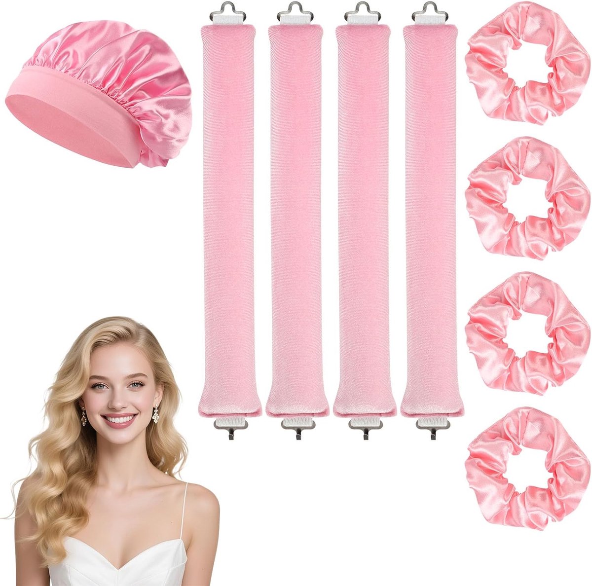 SnelShoppen - 9 Stuks Geen Hitte Krullers Set, Satijnen Krullen Zonder Hitte, DIY Haar Kruller met Haarclips voor Volume, Geschikt voor Lang tot Mediu
