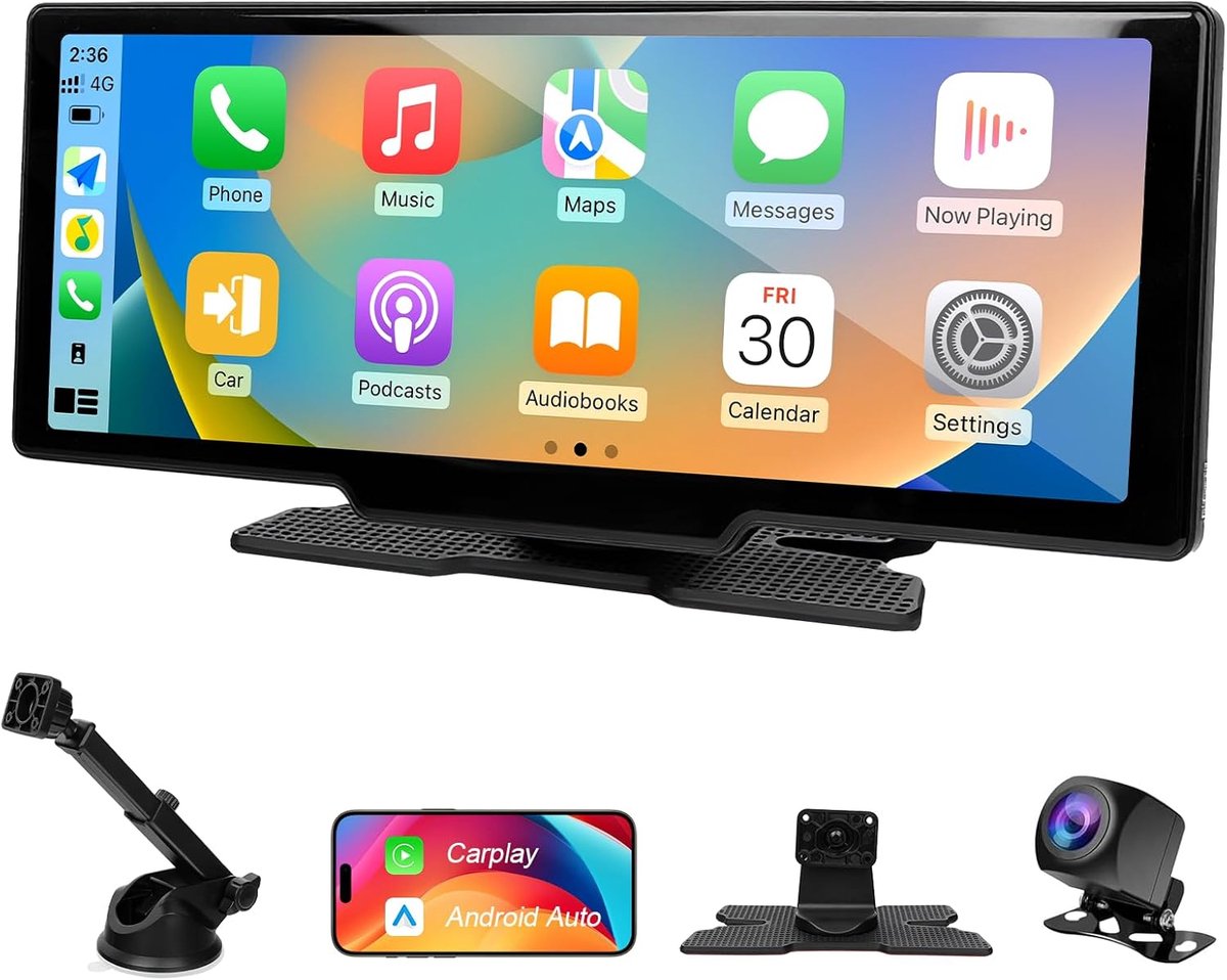 SnelShoppen - 10.26 inch Draadloze CarPlay Display - Android Auto Navigatie 4K Dashcam 1080P Achteruitrijcamera IPS Touchscreen Bluetooth Split Screen