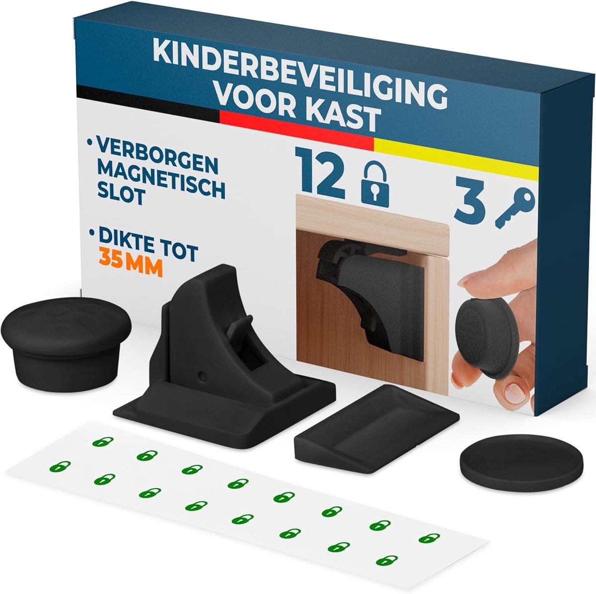 SnelShoppen - 12x Magneet Kinderbeveiliging, Veiligheidsloten voor Kasten en Lades, Zonder Boren, Onzichtbare Sluiting, Zwart, Ideaal voor Kinderen