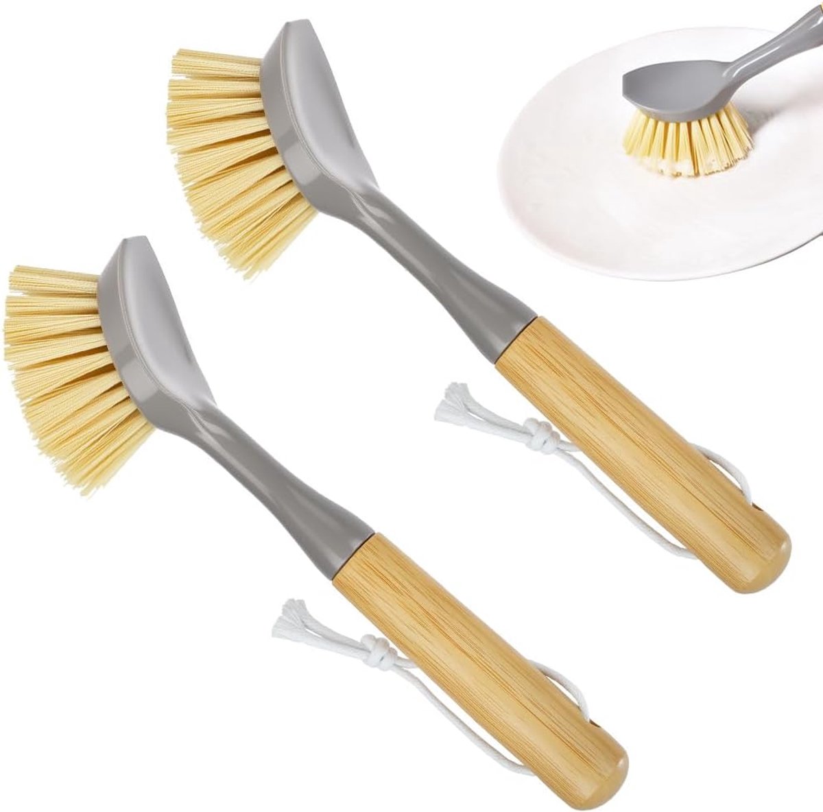 SnelShoppen - Set van 2 Keuken Afwasborstels met Lange Bamboe Handgreep - Sterke Reinigingskracht voor Borden, Pannen, Groenten en Gootsteen