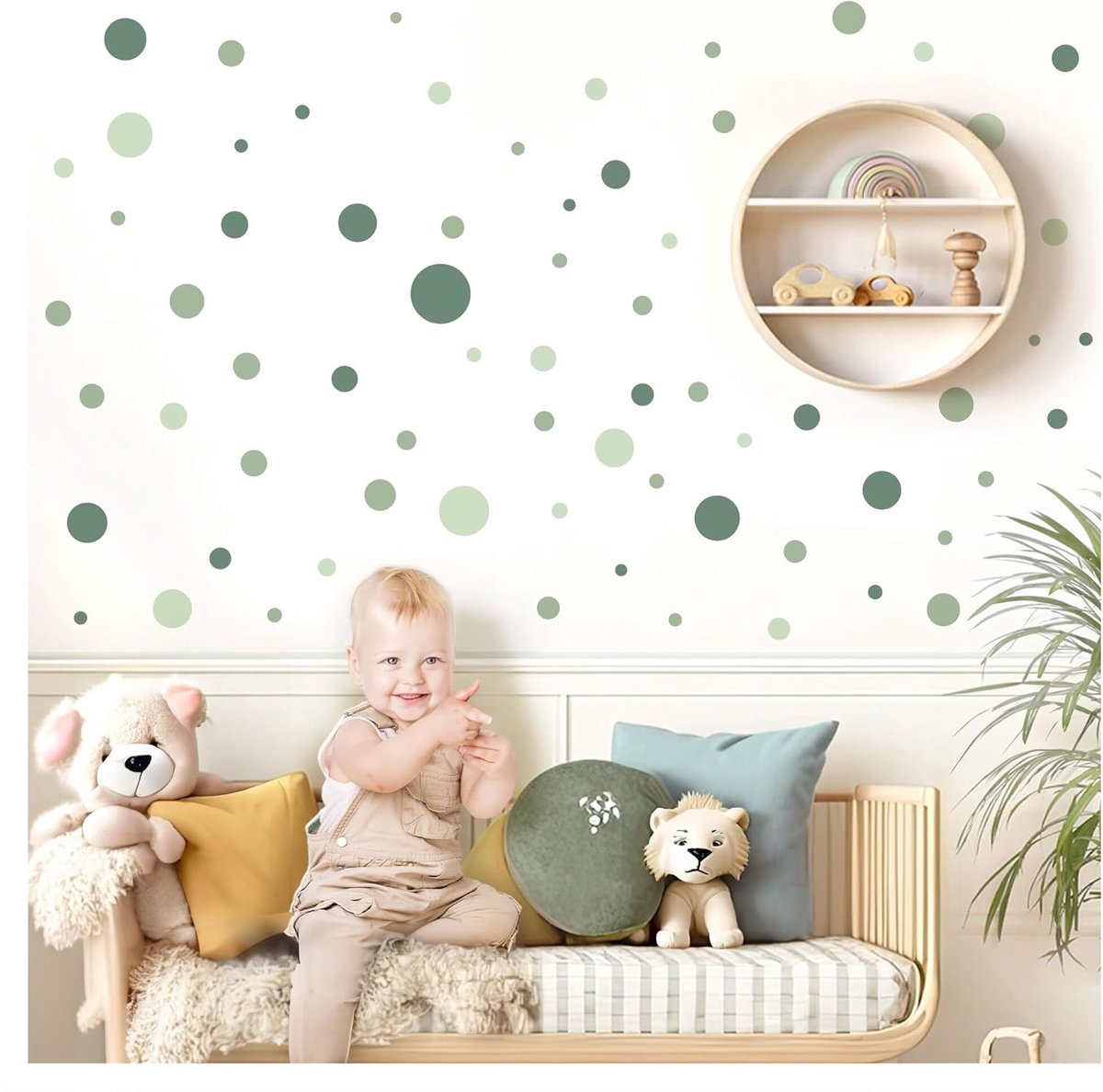 SnelShoppen - Wandstickers Kinderen 120 Groene Cirkelpunten Decoratie A4 Bladen Makkelijk Toepasbaar voor Kinderkamer