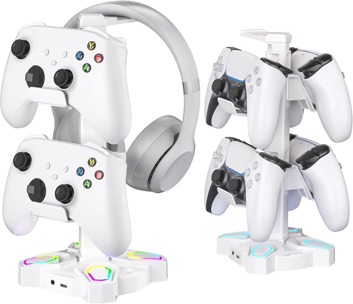 SnelShoppen - RGB Gaming Headphone Stand met 9 Lichtmodi, Swivel, Controller Houder, 2 USB Poorten, Type C Jack en 3.5mm AUX voor Gamers